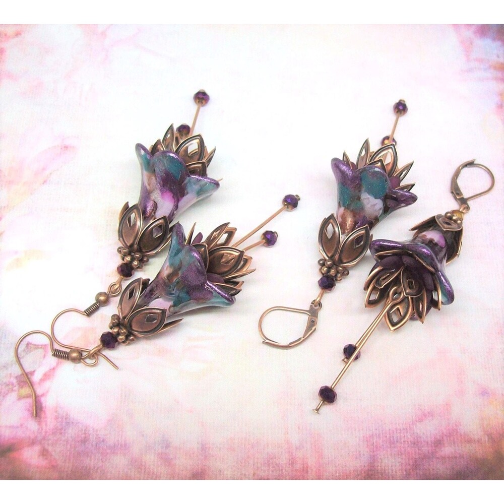 Art Nouveau Earrings Vintage Style Flower Dangles, Hand Painted Artisan Crafted